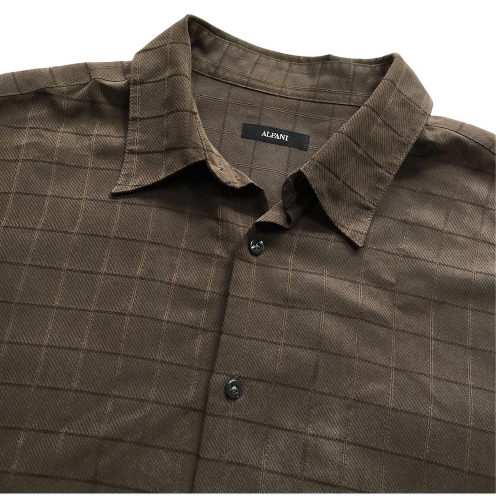 Alfani Shirt Mens Large‎ Brown Modal Blend Grid Button Up Short Sleeve Casual